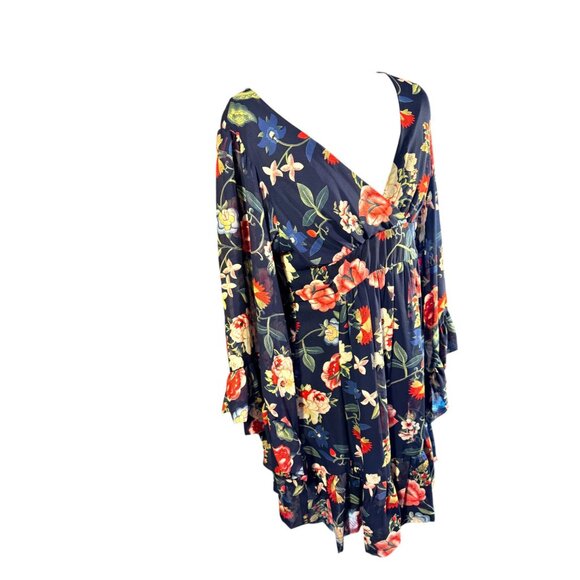 Betsey Johnson Floral Navy Wrap Dress W/ Ruffle Sleeves & Tie Back - Picture 6 of 10